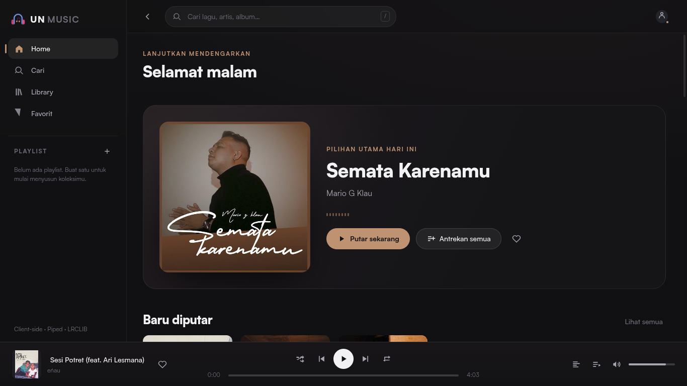 Tangkapan layar UNMUSIC: daftar rekomendasi lagu dan pemutar musik
